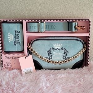3 PIECE JUICY COUTURE SET OF CROSSBODY PURSE, CARD CASE, & WEBBING STRAP